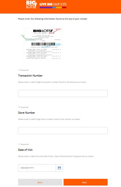 Enter Transaction Number, Store Number, and Date of Visit