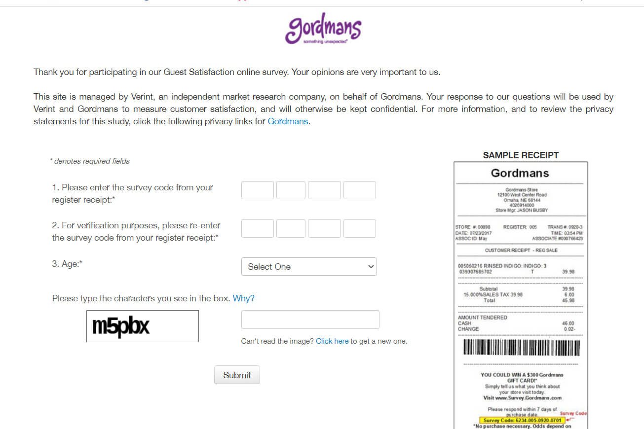 Gordmans Survey Page